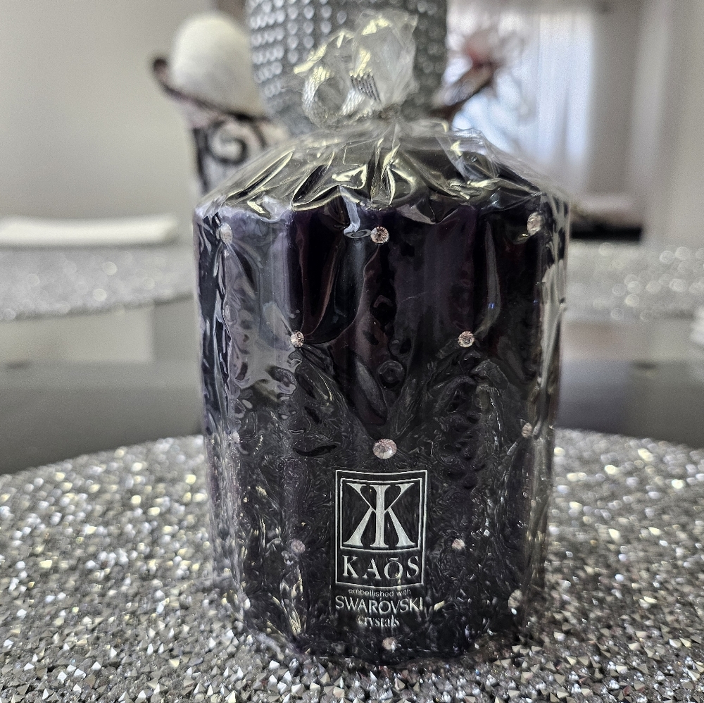 Kaos Pillar Candle Embellished with SWAROVSKI Crystals Black New